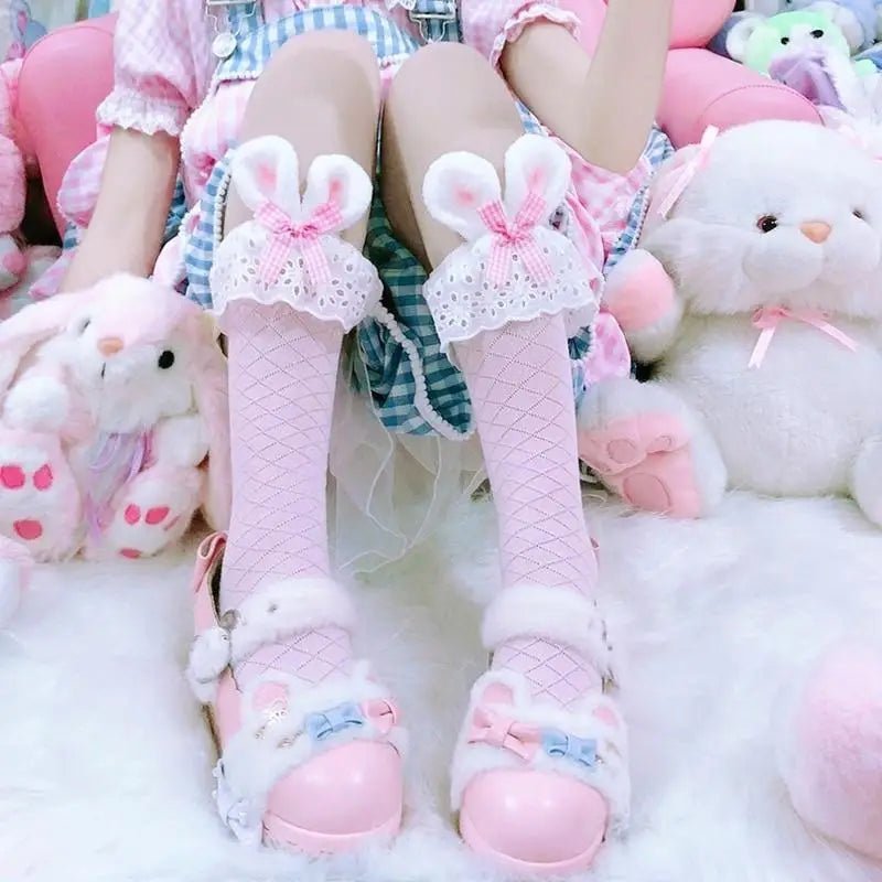 Baby Bun Lace Bunny Ear Lolita Stockings with Ruffled Doily Top - Cosparty