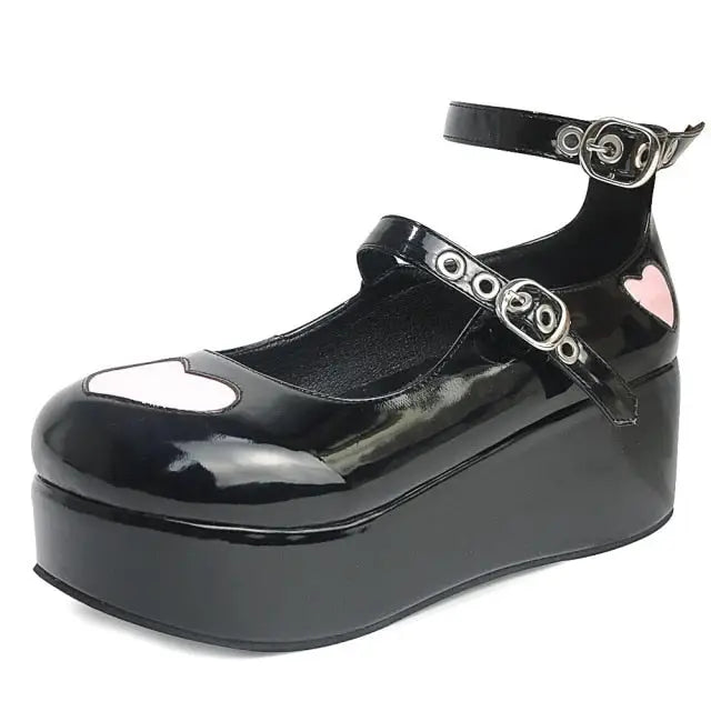 Valentine Mary Janes - Black Shiny Heart / 5 - buckle, footwear, heart, heart shoes, lolita