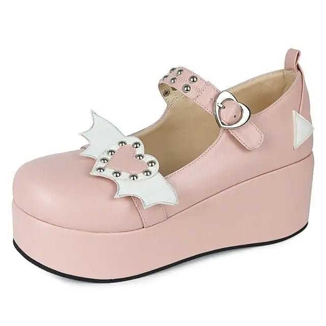 Babydoll Platform Wedge Mary Jane Shoes with Heart Buckle - Cosparty