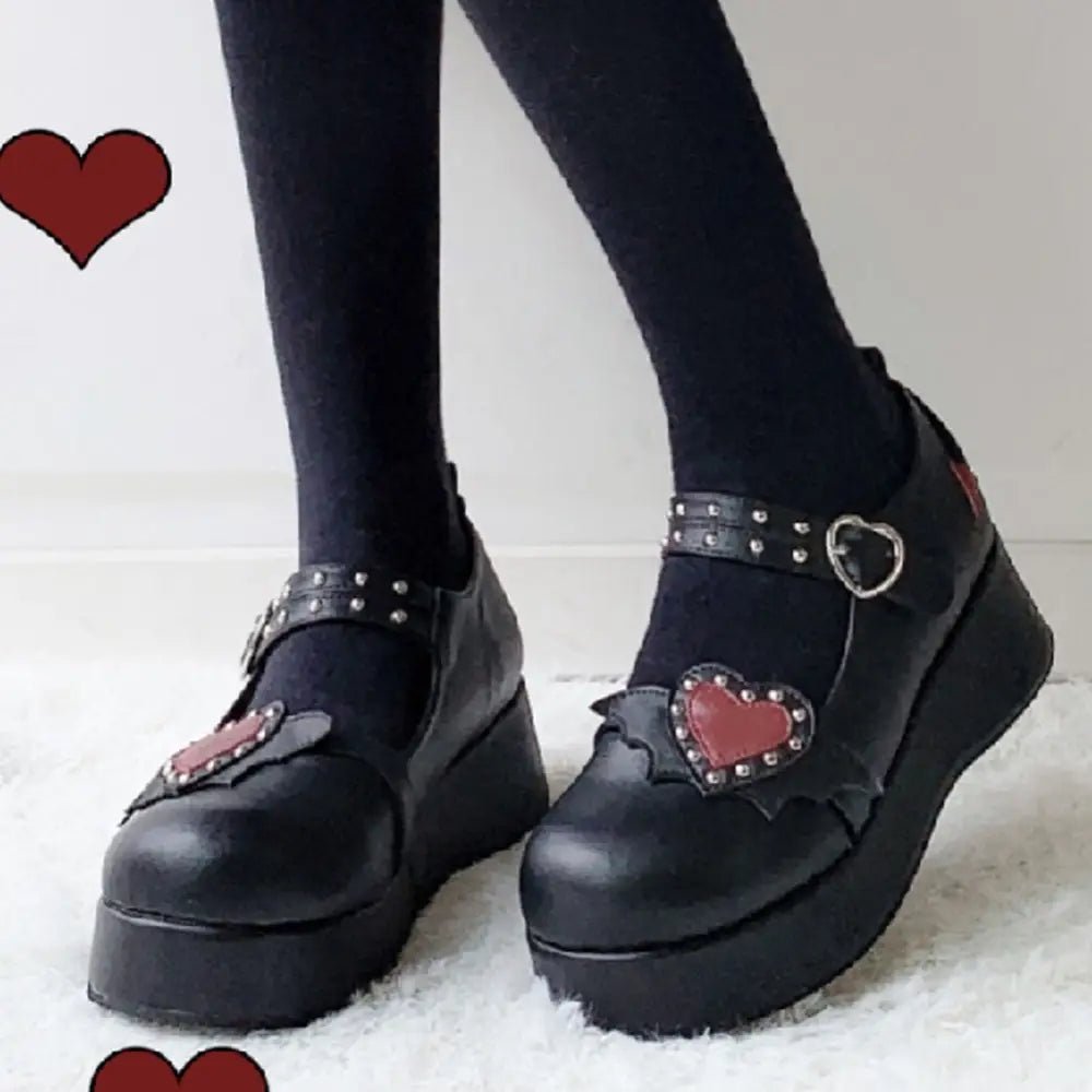 Babydoll Platform Wedge Mary Jane Shoes with Heart Buckle - Cosparty