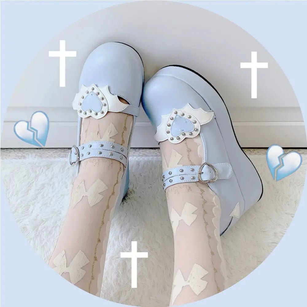 Babydoll Platform Wedge Mary Jane Shoes with Heart Buckle - Cosparty