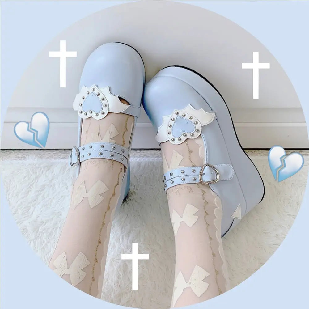 Babydoll Platform Wedge Mary Jane Shoes with Heart Buckle - shoes