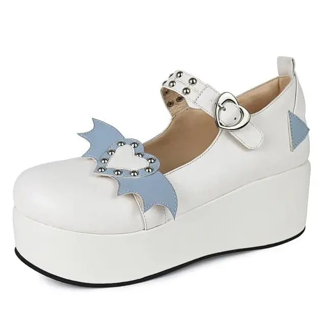 Valentine Mary Janes - White Winged Heart / 5 - buckle, footwear, heart, heart shoes, lolita