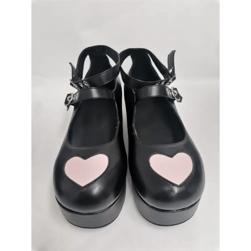 Babydoll Platform Wedge Mary Jane Shoes with Heart Buckle - Cosparty