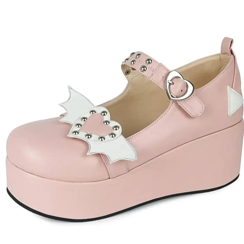 Babydoll Platform Wedge Mary Jane Shoes with Heart Buckle - shoes