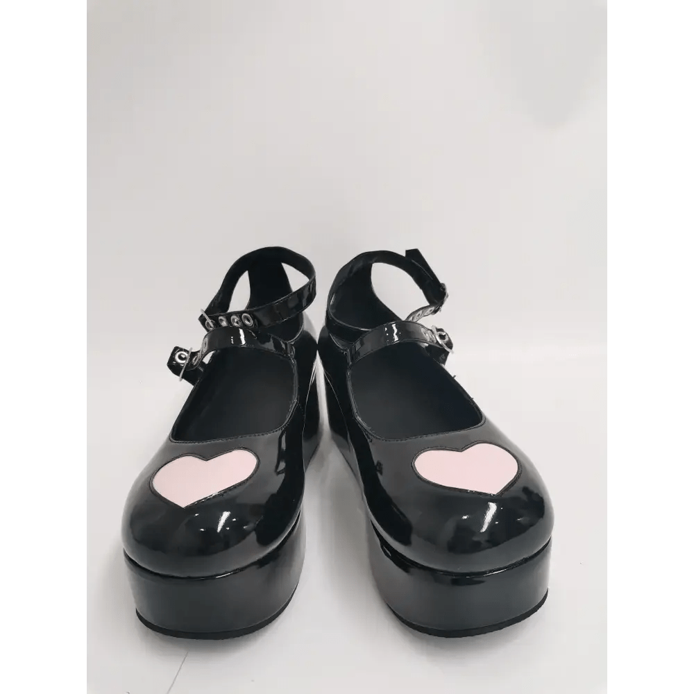 Babydoll Platform Wedge Mary Jane Shoes with Heart Buckle - Cosparty