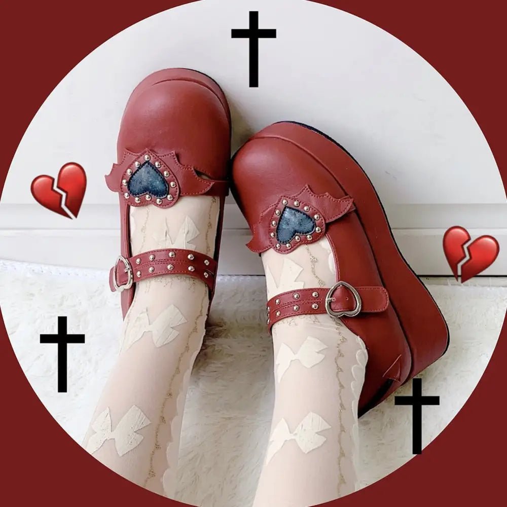 Babydoll Platform Wedge Mary Jane Shoes with Heart Buckle - Cosparty