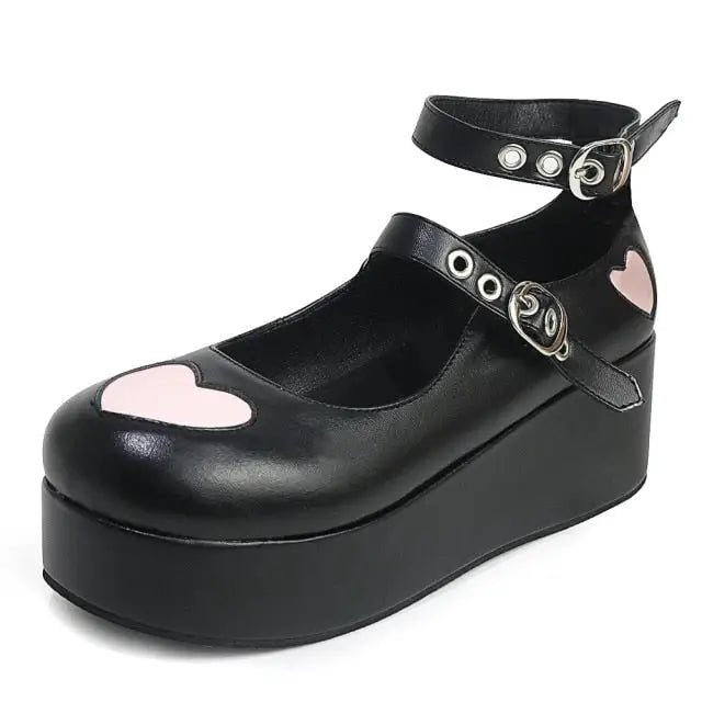 Babydoll Platform Wedge Mary Jane Shoes with Heart Buckle - Cosparty