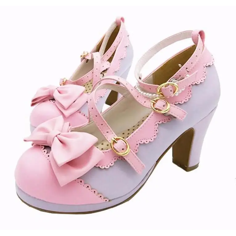 Beautiful Sweet Lolita Heels with Pearls and Bows - Purple/Pink / 4 - Shoes