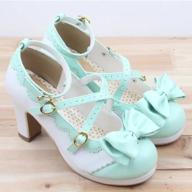 Beautiful Sweet Lolita Heels with Pearls and Bows - Light Green / 4 - Shoes