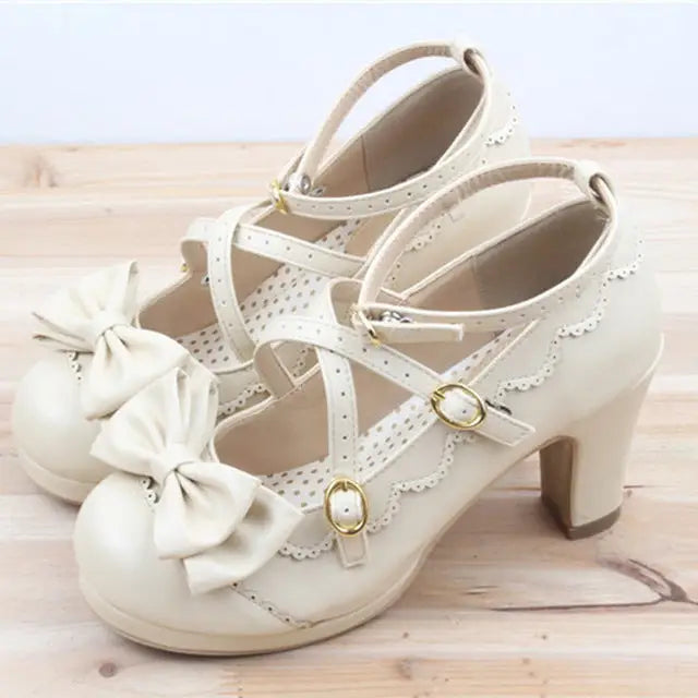 Beautiful Sweet Lolita Heels with Pearls and Bows - Cream / 4 - Shoes