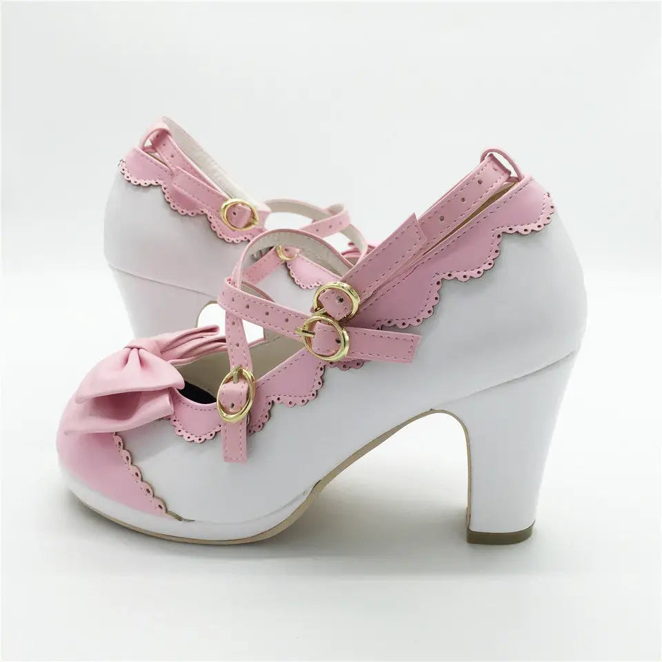 Beautiful Sweet Lolita Heels with Pearls and Bows - Pink / 4 - Shoes