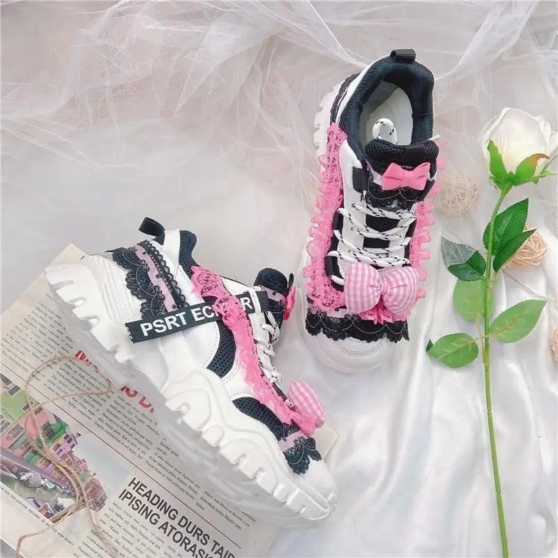 Black and Pink Pastel Goth Lolita Streetwear Sneakers - Cosparty