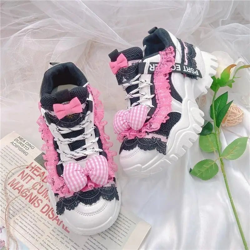 Black and Pink Pastel Goth Lolita Streetwear Sneakers - Cosparty