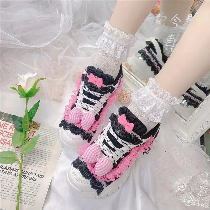 Black and Pink Pastel Goth Lolita Streetwear Sneakers - shoes