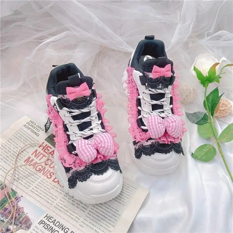 Black and Pink Pastel Goth Lolita Streetwear Sneakers - Cosparty
