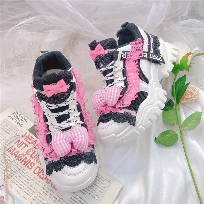 Black and Pink Pastel Goth Lolita Streetwear Sneakers - shoes