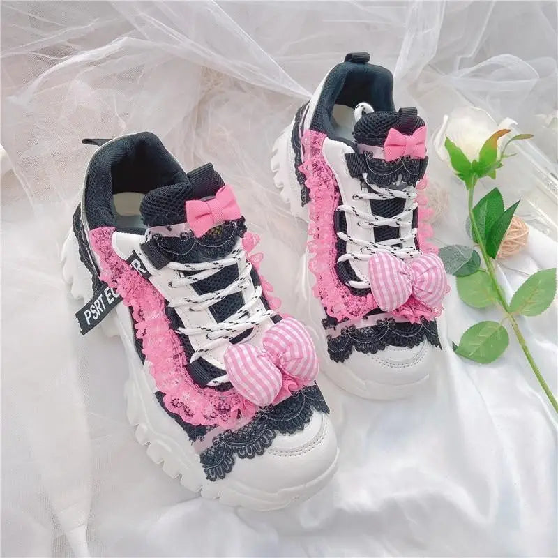 Black and Pink Pastel Goth Lolita Streetwear Sneakers - shoes