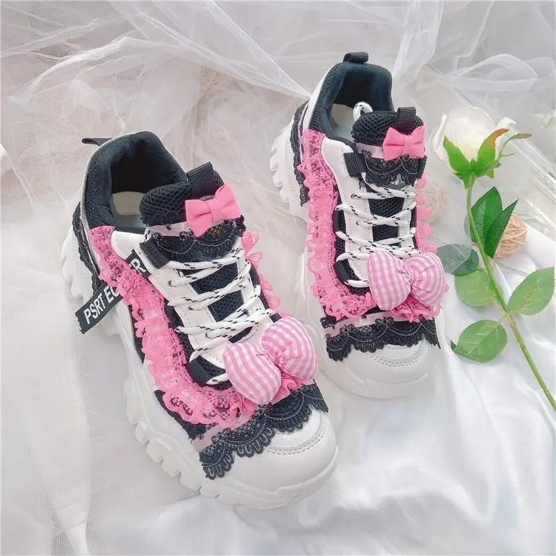 Black and Pink Pastel Goth Lolita Streetwear Sneakers - Cosparty
