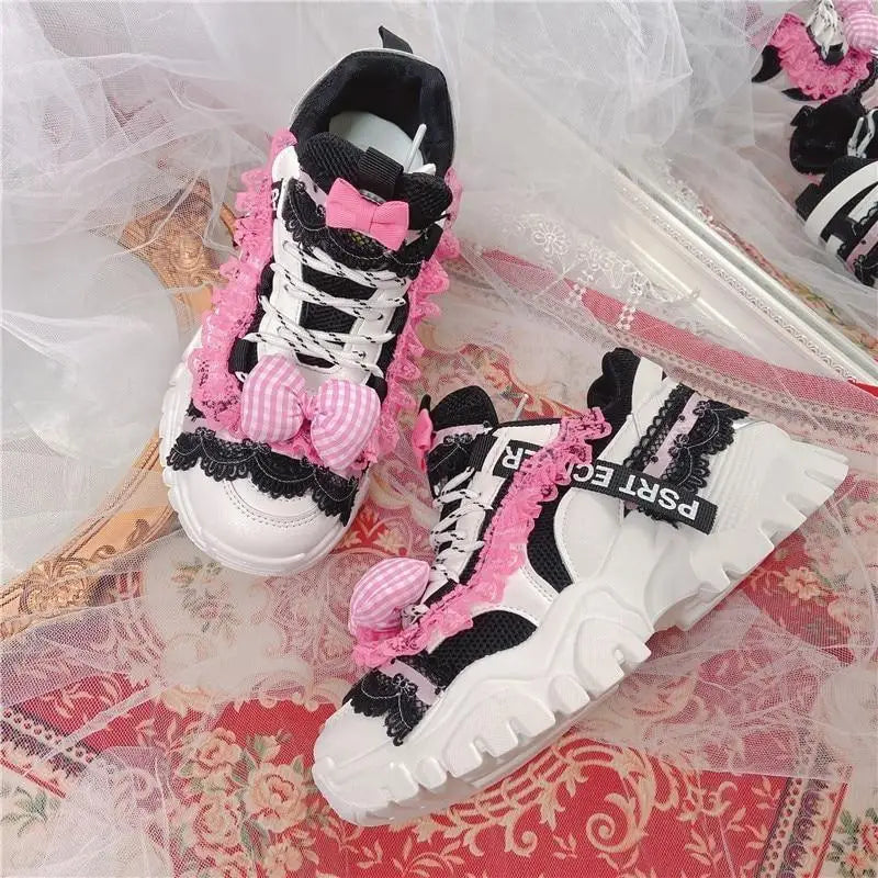 Black and Pink Pastel Goth Lolita Streetwear Sneakers - shoes