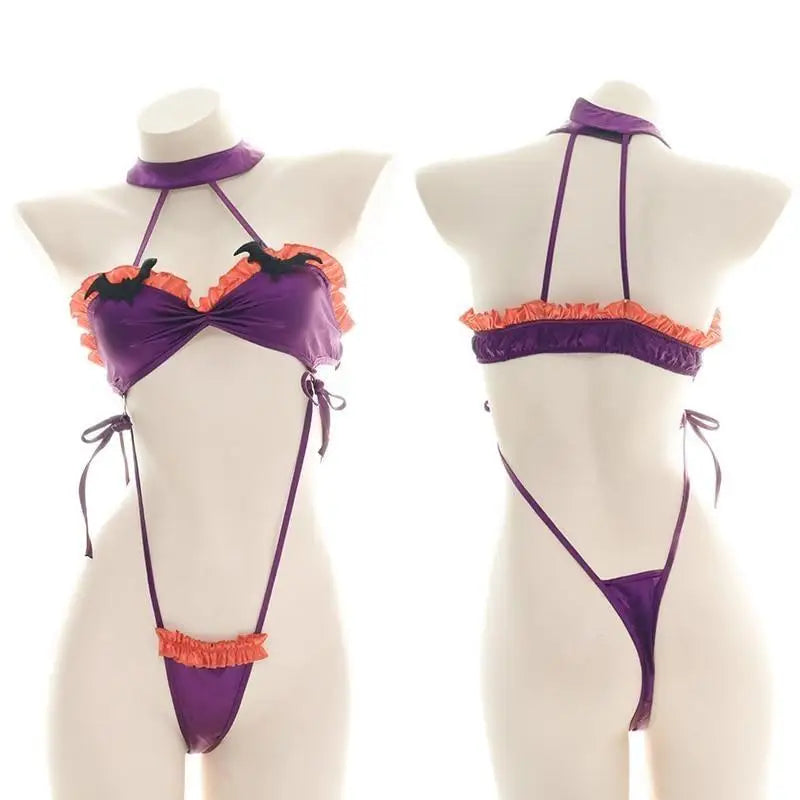 Black and Purple Bat Inspired Ruffled Bikini Set - lingerie