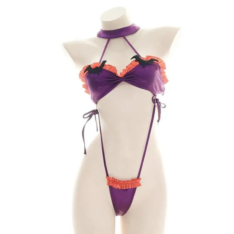 Black and Purple Bat Inspired Ruffled Bikini Set - Cosparty