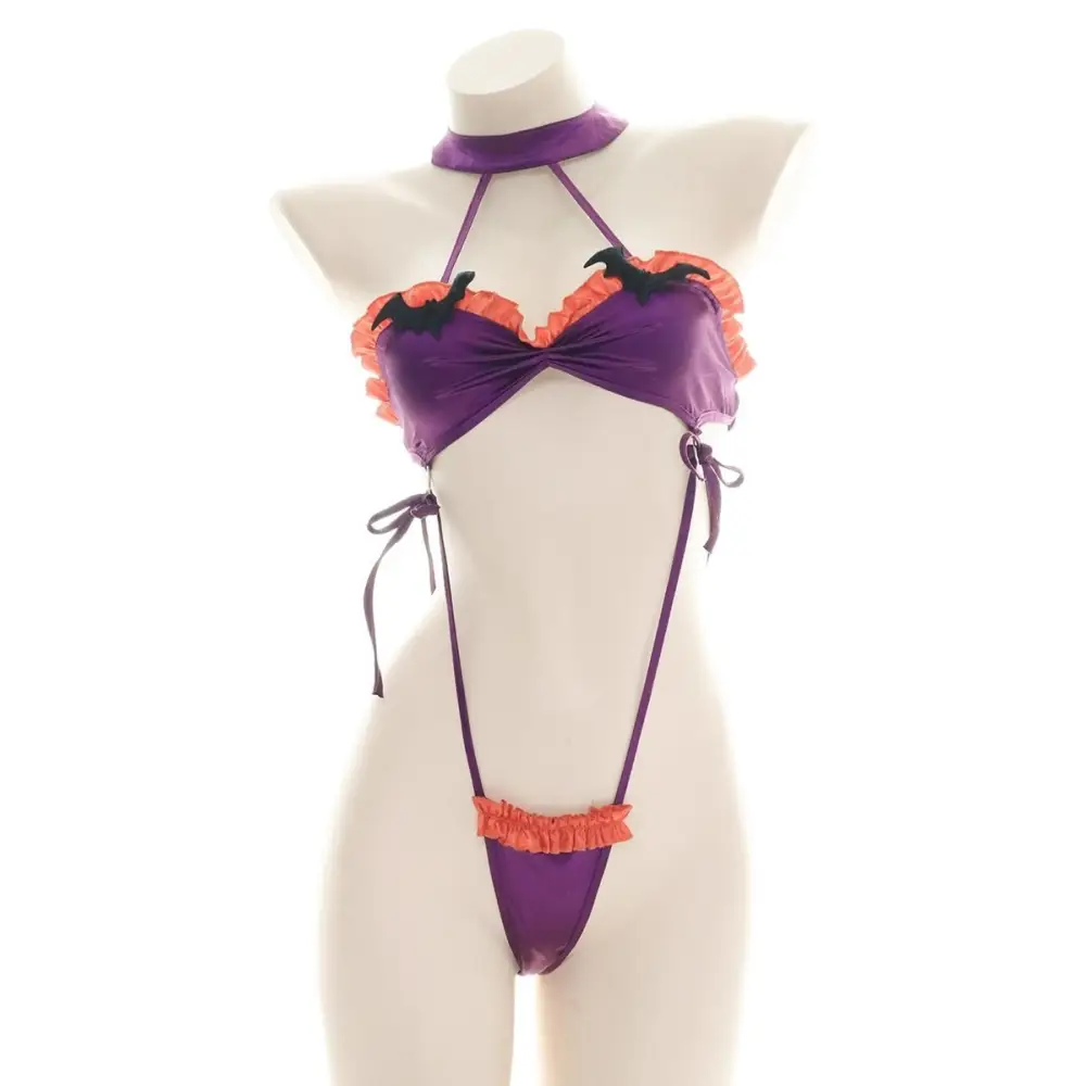 Black and Purple Bat Inspired Ruffled Bikini Set - lingerie