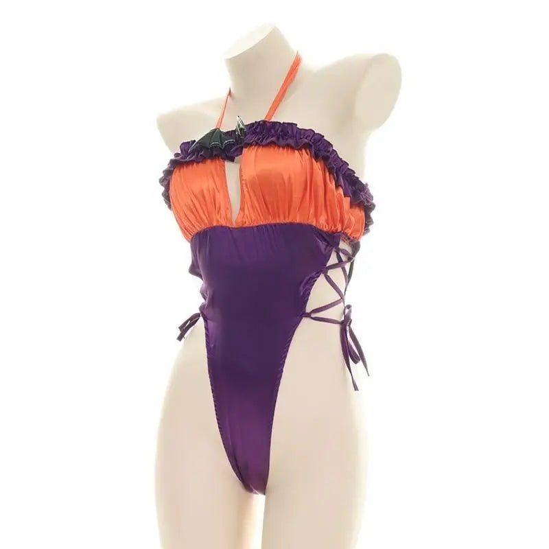 Black and Purple Bat Ruffled Monokin Bodysuit for Halloween - Cosparty