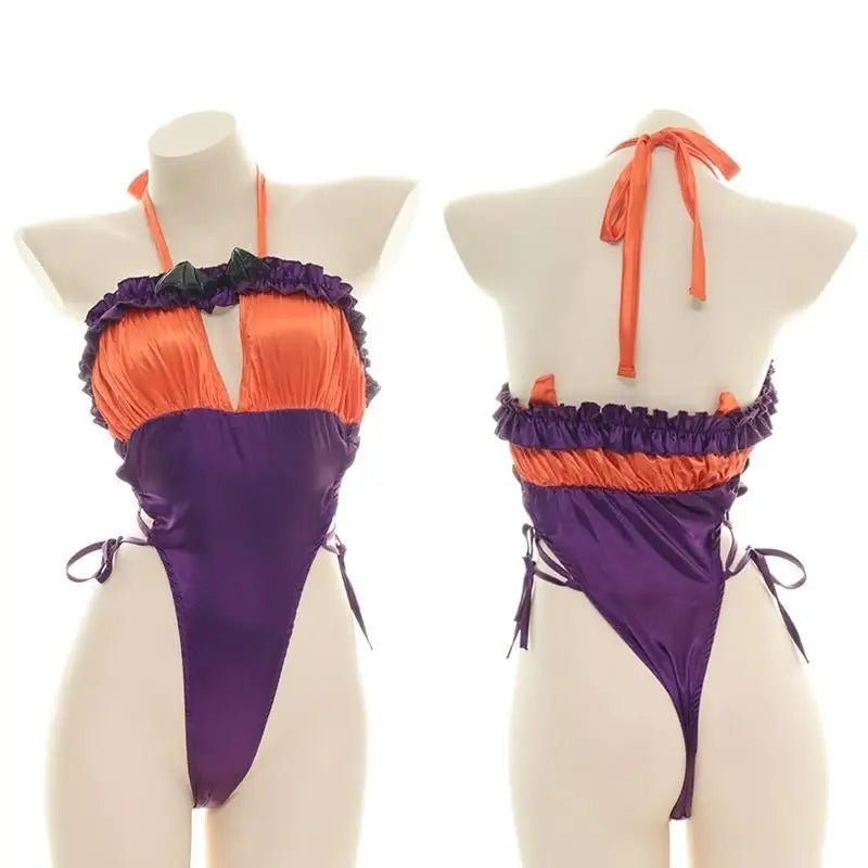 Black and Purple Bat Ruffled Monokin Bodysuit for Halloween - Cosparty