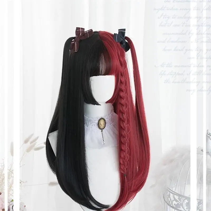 Black and Red Two-Tone Long Wavy Lolita Wig Instock - wig