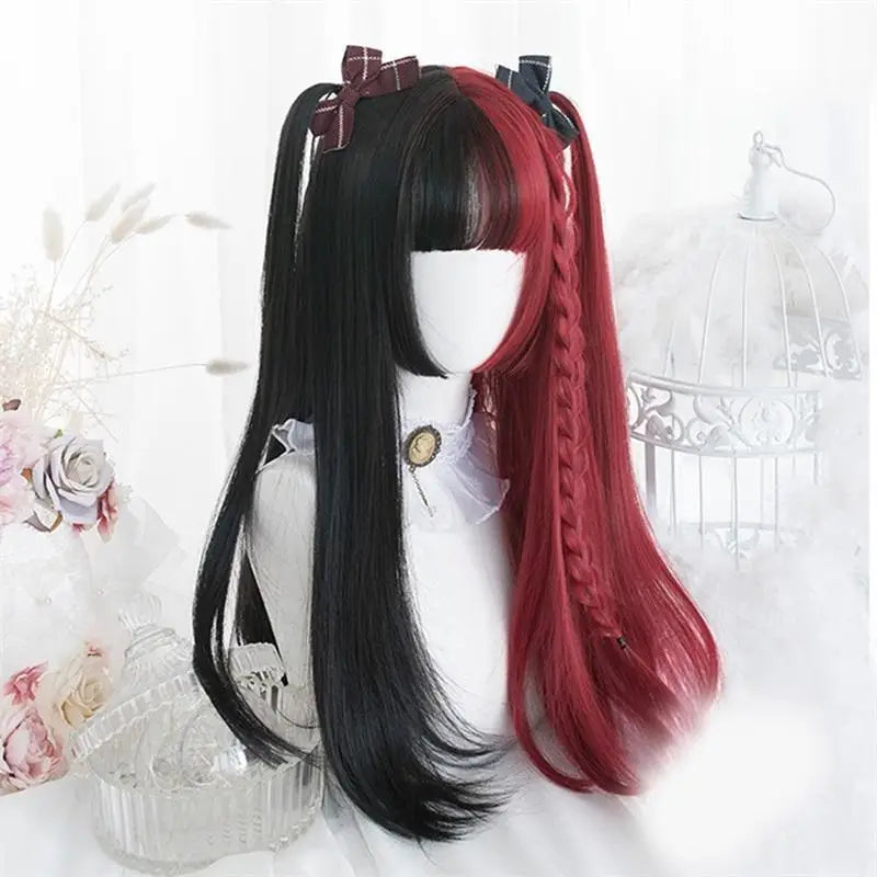 Black and Red Two-Tone Long Wavy Lolita Wig Instock - wig