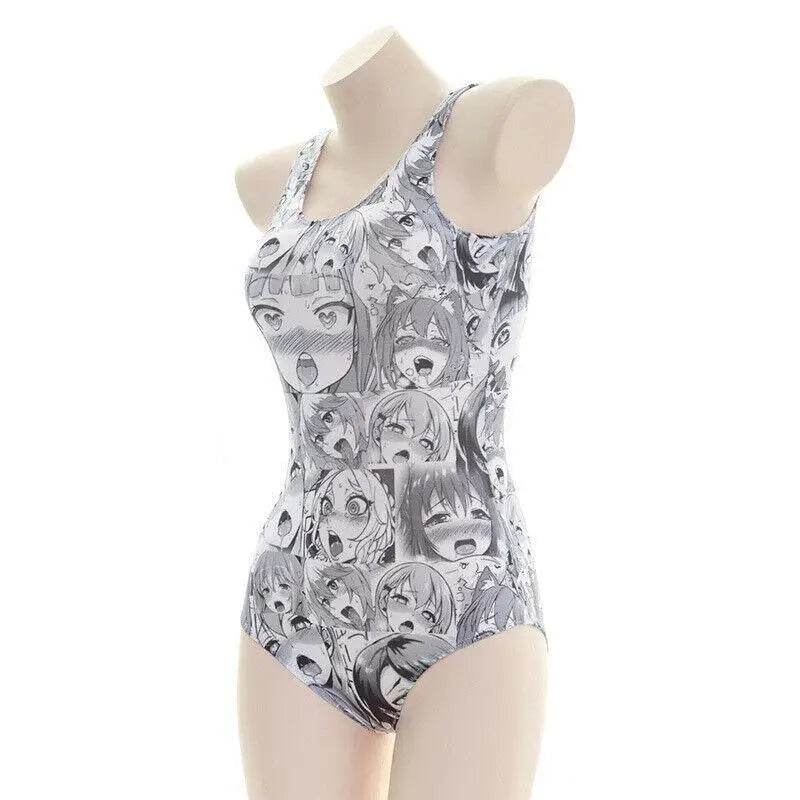 Black and White Ahegao Face One-Piece Bodysuit for Otaku Fans - onesie