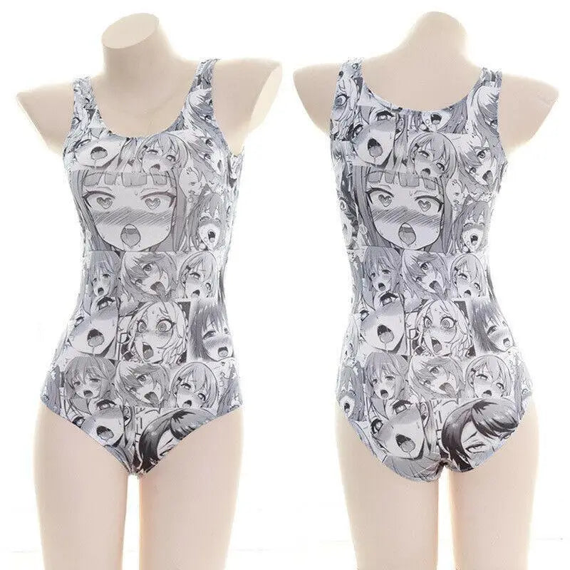 Black and White Ahegao Face One-Piece Bodysuit for Otaku Fans - onesie