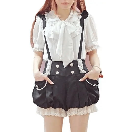 Black and White Bloomer - Style Shorts with Lace Ruffles and Pockets - Cosparty