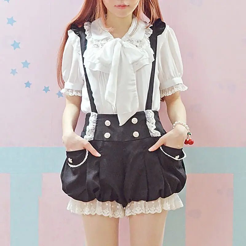Black and White Bloomer - Style Shorts with Lace Ruffles and Pockets - Cosparty