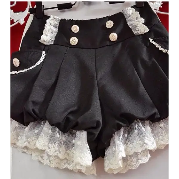 Black and White Bloomer-Style Shorts with Lace Ruffles and Pockets - Shorts