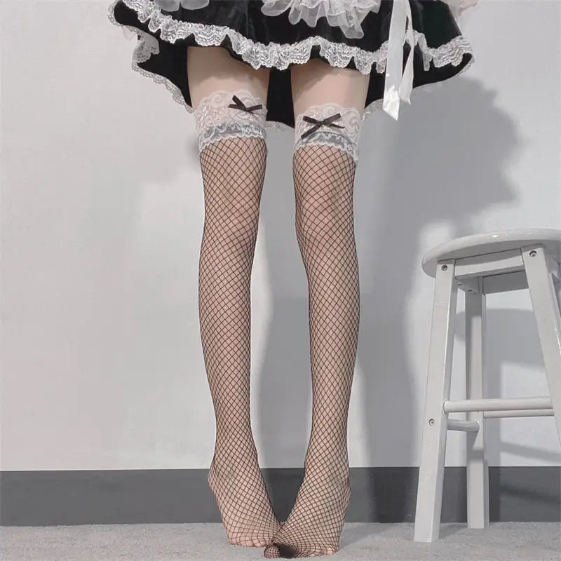 Black and White Fishnet Stockings with Lace Garter Details for Alternative Princess - fishnets