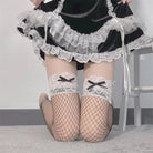 Black and White Fishnet Stockings with Lace Garter Details for Alternative Princess - Cosparty