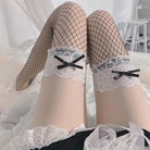 Black and White Fishnet Stockings with Lace Garter Details for Alternative Princess - Cosparty