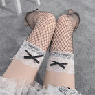 Black and White Fishnet Stockings with Lace Garter Details for Alternative Princess - Cosparty