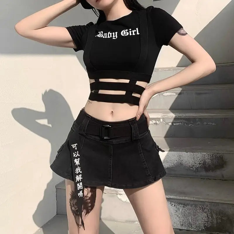 Black Baby Girl Crop Top with Suspender Harness for Gothic Style - crop top