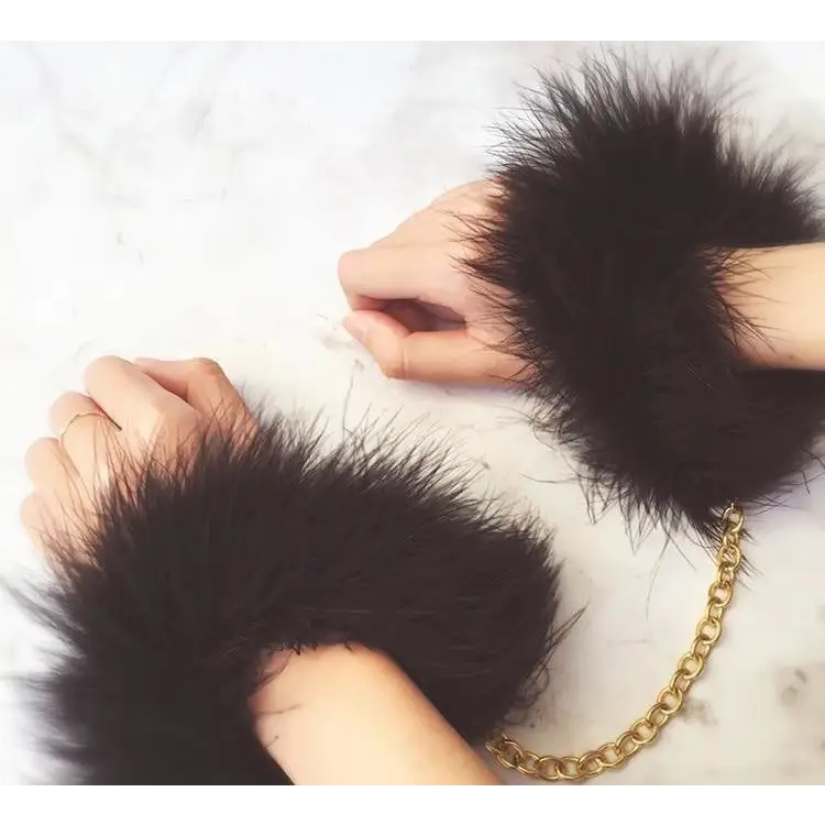 Black Fur Handcuffs with Plush Vegan Fur and Brushed Gold Chain - handcuffs