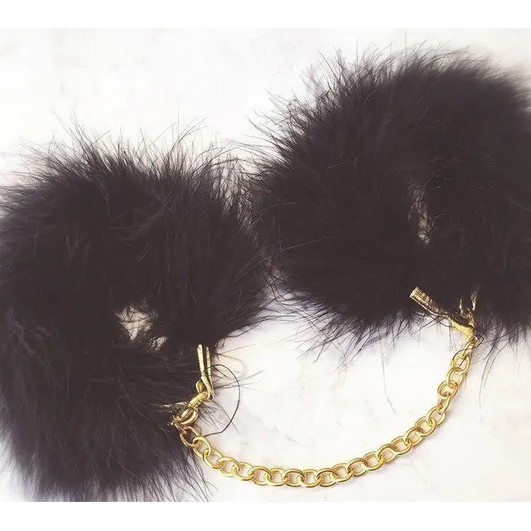 Black Fur Handcuffs with Plush Vegan Fur and Brushed Gold Chain - handcuffs