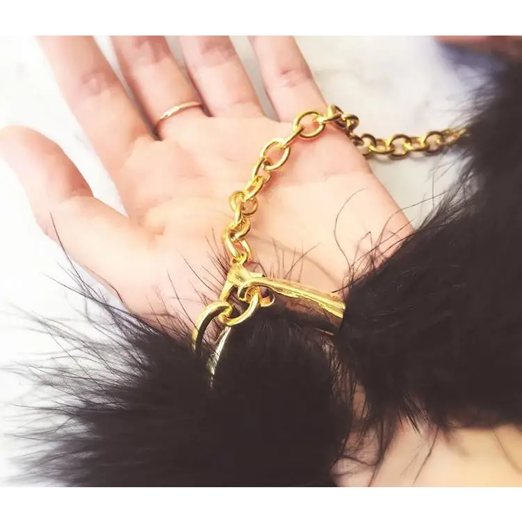 Black Fur Handcuffs with Plush Vegan Fur and Brushed Gold Chain - handcuffs