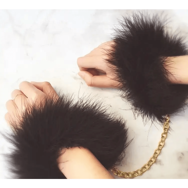 Black Fur Handcuffs with Plush Vegan Fur and Brushed Gold Chain - Cosparty