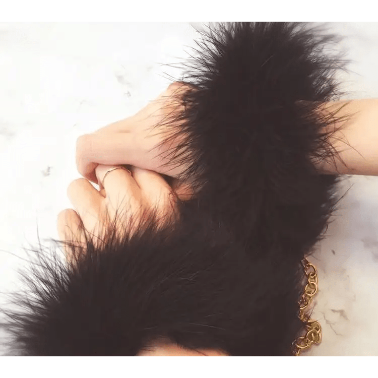 Black Fur Handcuffs with Plush Vegan Fur and Brushed Gold Chain - Cosparty