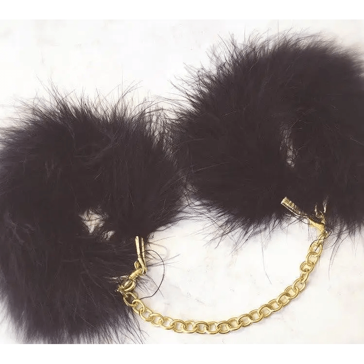 Black Fur Handcuffs with Plush Vegan Fur and Brushed Gold Chain - Cosparty