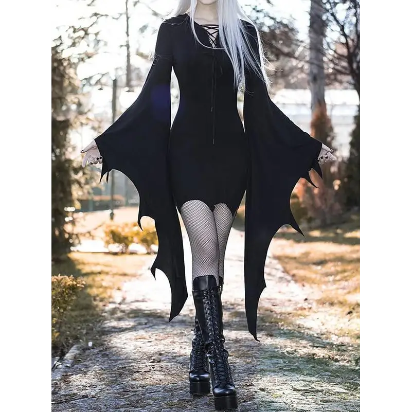 Black Gothic Forest Witch Dress with Flowy Wing Style Sleeves - dress