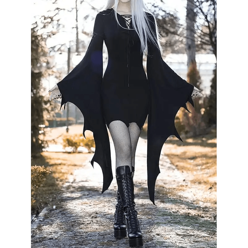 Black Gothic Forest Witch Dress with Flowy Wing Style Sleeves - Cosparty