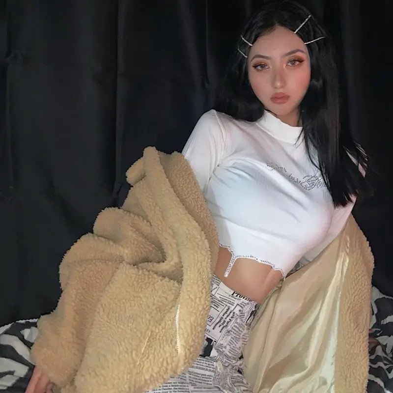 Black Long Sleeve Rhinestone Embellished Babygirl Crop Top Instock - Cosparty